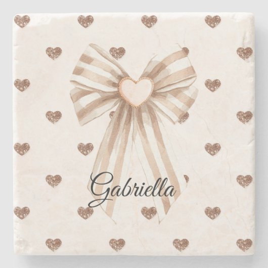 Cream Cocoa Bow Blush Pink Glitter Hearts Steinuntersetzer (Vorderseite)