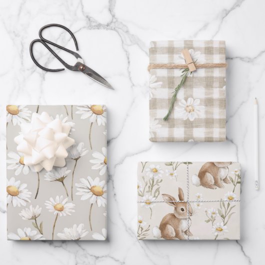 Cream Daisy Floral Bunny Rabbit Birthday Geschenkpapier Set (Vorderseite)