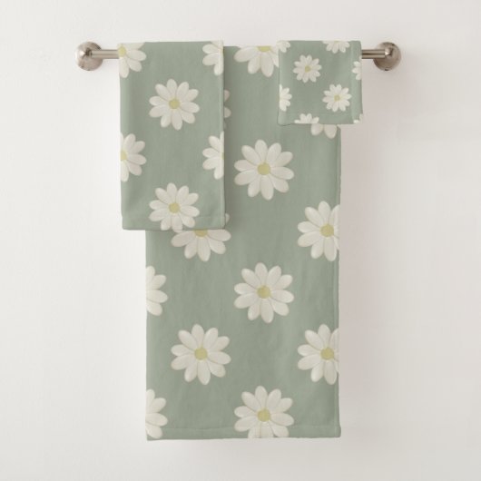 Cream Daisy Muster Sage Green Bath Set (Insitu)