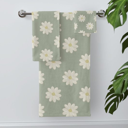 Cream Daisy Muster Sage Green Bath Set