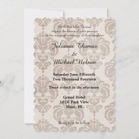 Cream Damask Wedding Einladung (Vorderseite)