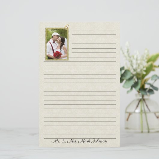 Cream Damask Wedding mit Foto Briefpapier (Stehend Vorderseite)