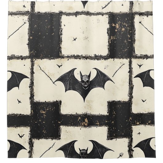 Cream Denim Grunge Patchwork mit Fledermäusen (3) Duschvorhang (Vorderseite)