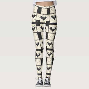Cream Denim Grunge Patchwork mit Fledermäusen (3) Leggings