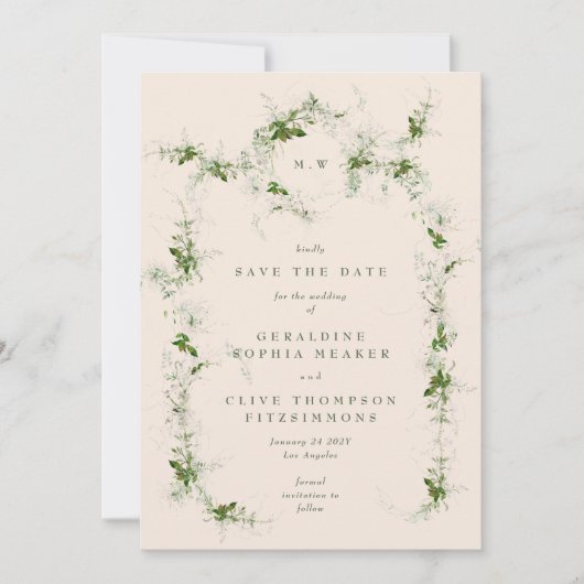 Cream Elegant Eucalyptus Wreath Monogram Foto Save The Date (Vorderseite)