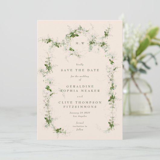 Cream Elegant Eucalyptus Wreath Monogram Foto Save The Date (Stehend Vorderseite)