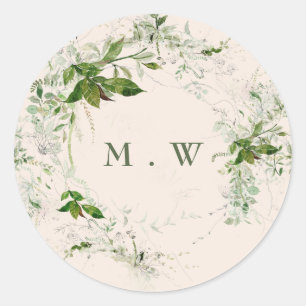 Cream Elegant Eucalyptus Wreath Monogram Wedding Runder Aufkleber