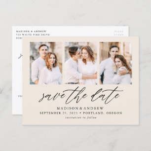 Cream Elegantes Script 3 FotoCollage Save the Date Ankündigungspostkarte