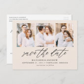 Cream Elegantes Script 3 FotoCollage Save the Date Ankündigungspostkarte (Vorne/Hinten)