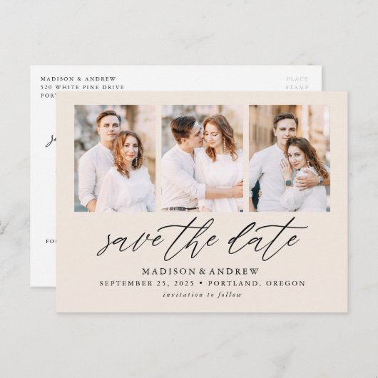 Cream Elegantes Script 3 FotoCollage Save the Date Ankündigungspostkarte (Vorne/Hinten)