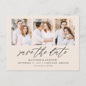 Cream Elegantes Script 3 FotoCollage Save the Date Ankündigungspostkarte (Vorderseite)
