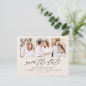 Cream Elegantes Script 3 FotoCollage Save the Date Ankündigungspostkarte (Stehend Vorderseite)