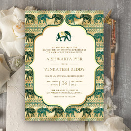 Cream Emerald Elephant All in One Indian Wedding Einladung