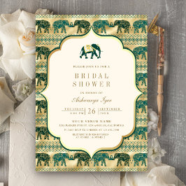 Cream Emerald Gold Elephant Indian Brautparty Einladung