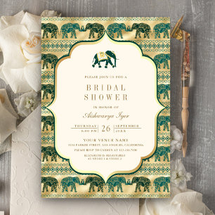 Cream Emerald Gold Elephant Indian Brautparty Einladung