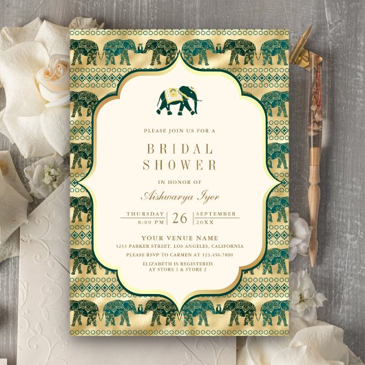 Cream Emerald Gold Elephant Indian Brautparty Einladung