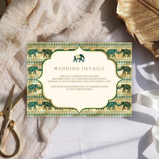 Cream Emerald Gold Elephant Indian Wedding Details Begleitkarte