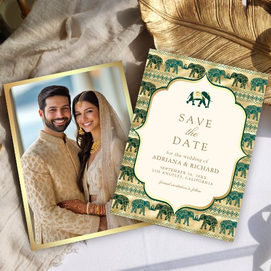 Cream Emerald Gold Elephant Indian Wedding Foto Save The Date