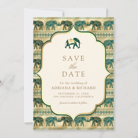 Cream Emerald Gold Elephant Indian Wedding Foto Save The Date (Vorderseite)