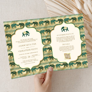 Cream Emerald Green Gold Elephant Indian Wedding Einladung