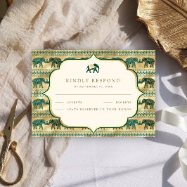 Cream Emerald Green Gold Elephant Indian Wedding RSVP Karte