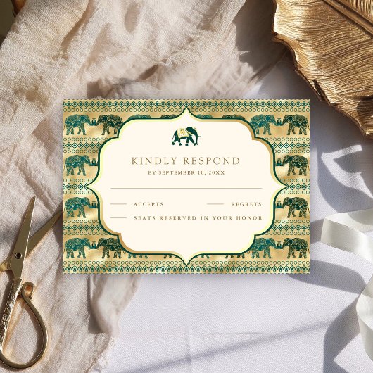 Cream Emerald Green Gold Elephant Indian Wedding RSVP Karte