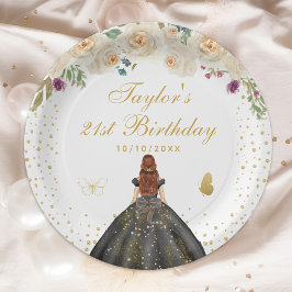 Cream Floral Brown Hair Girl Geburtstagsparty Pappteller