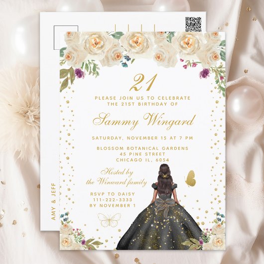 Cream Floral Dark Skin Princess Birthday Party Postkarte