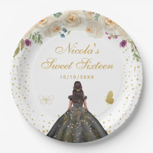 Cream Floral Dark Skin Prinzessin Sweet Sixteen Pappteller