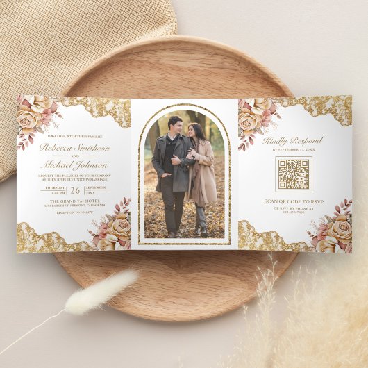 Cream Floral Gold Lace QR Code Foto Hochzeit Dreifach Gefaltete Einladung