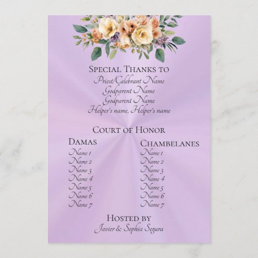 Cream Floral Quinceanera Program - Lavender Programm (Rückseite)