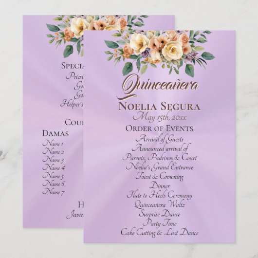 Cream Floral Quinceanera Program - Lavender Programm (Vorne/Hinten)