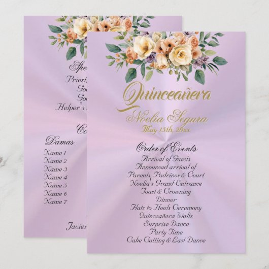 Cream Floral Quinceanera Program - Lavender Programm (Vorne/Hinten)