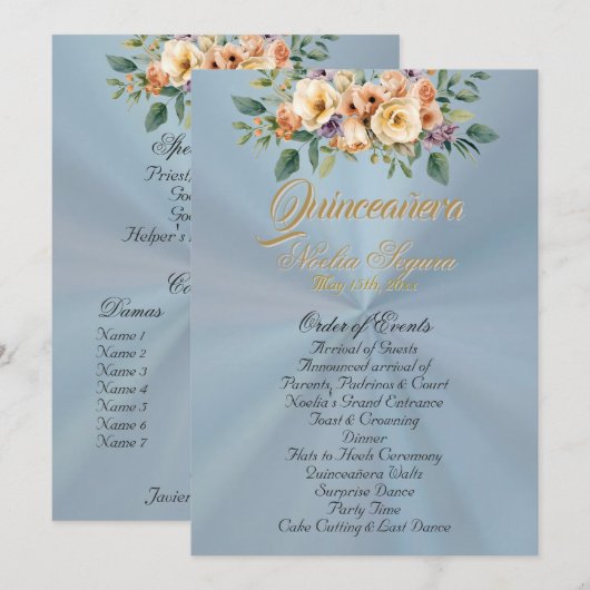 Cream Floral Quinceanera Program - Pastel Blue Programm (Vorne/Hinten)