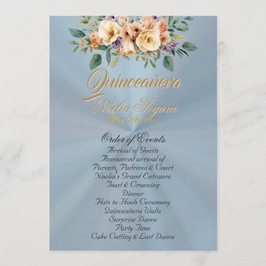 Cream Floral Quinceanera Program - Pastel Blue Programm (Vorderseite)