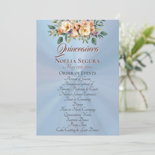 Cream Floral Quinceanera Program - Pastel Blue Programm (Stehend Vorderseite)