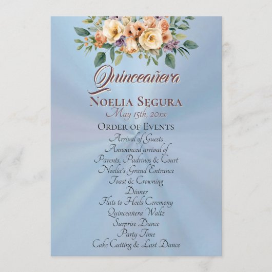 Cream Floral Quinceanera Program - Pastel Blue Programm (Vorderseite)