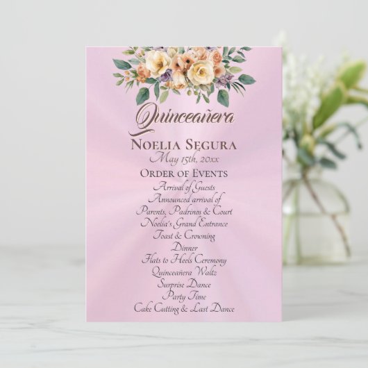 Cream Floral Quinceanera Program - Pastel Pink Programm (Stehend Vorderseite)
