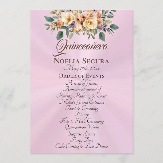 Cream Floral Quinceanera Program - Pastel Pink Programm (Vorderseite)