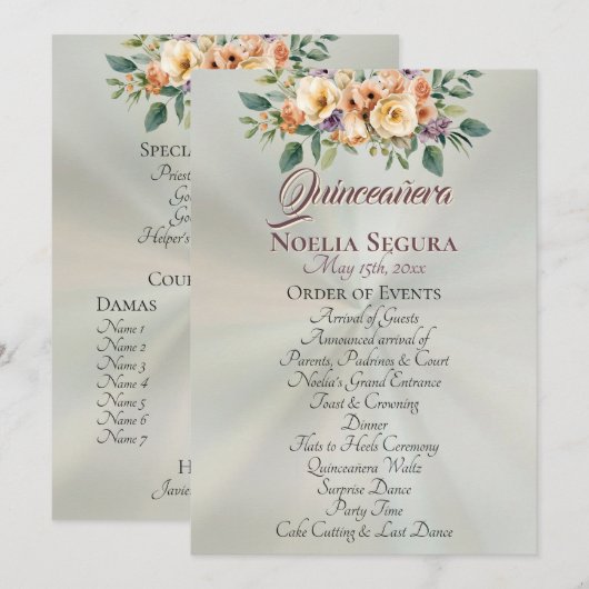 Cream Floral Quinceanera Program - Pastel Sage Programm (Vorne/Hinten)