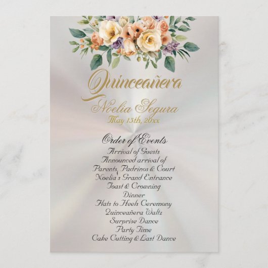 Cream Floral Quinceanera Program - Pearl White Programm (Vorderseite)
