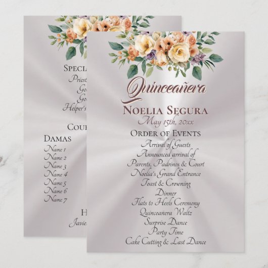 Cream Floral Quinceanera Program - Pearl White Programm (Vorne/Hinten)