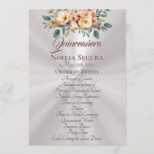 Cream Floral Quinceanera Program - Pearl White Programm (Vorderseite)