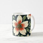 Cream Flowers with Red Centers & Green Leaves Kaffeetasse (VorderseiteRechts)