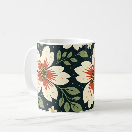 Cream Flowers with Red Centers & Green Leaves Kaffeetasse (Vorderseite Links)