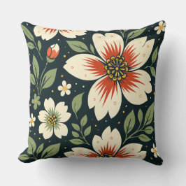 Cream Flowers with Red Centers & Green Leaves Kissen