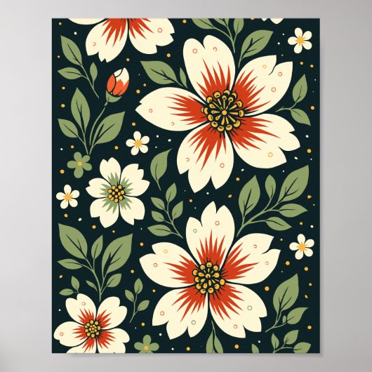 Cream Flowers with Red Centers & Green Leaves Poster (Vorne)