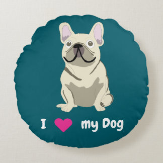 Cream French Bulldog, I Love my Dog Rundes Kissen