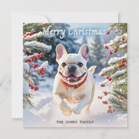 Cream French Bulldog in Snow Frohe Weihnachten (Vorderseite)