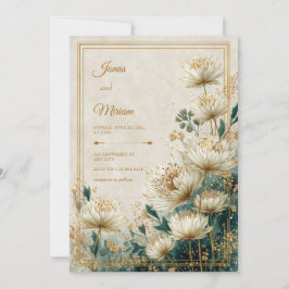 Cream Gilded Astrantia Teal Watercolor Wedding Einladung